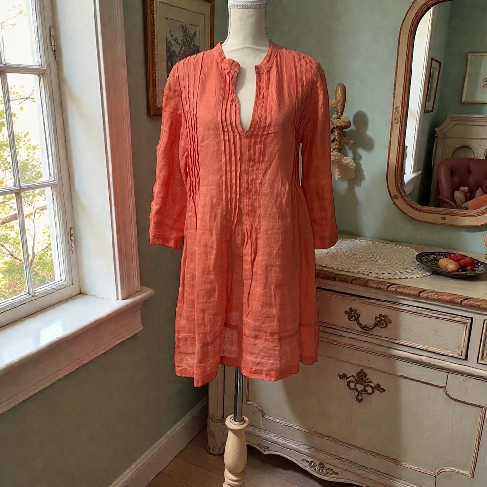 CP Shades Regina Linen Tunic Dress Coral‎ Pleated V Neck  Size S